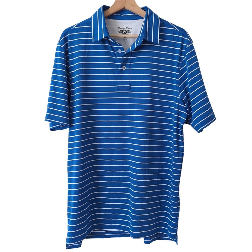 Straight Down Performance Mens Polo Shirt Blue Striped Golfing Golf Size Medium